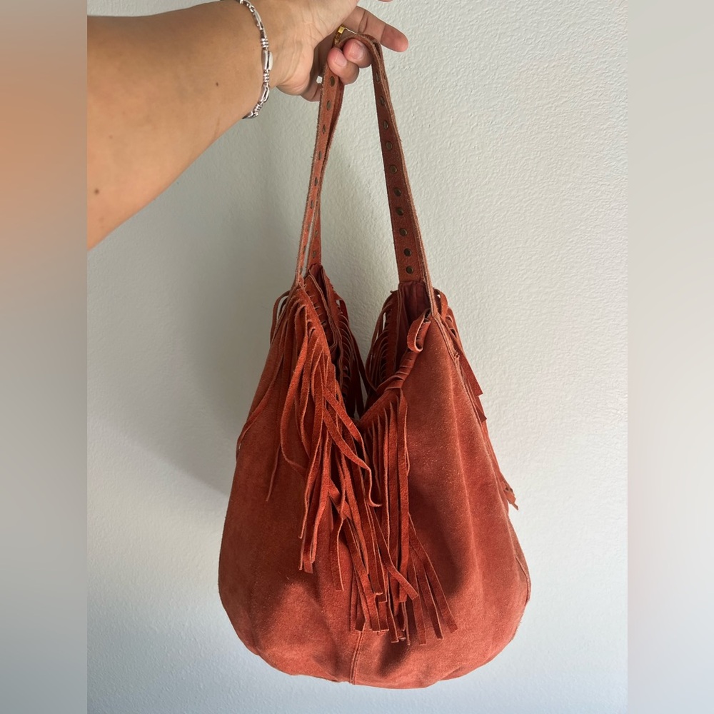 Boho Fringe Suede Shoulder Bag - Rust Orange Spacious Soft Carry All